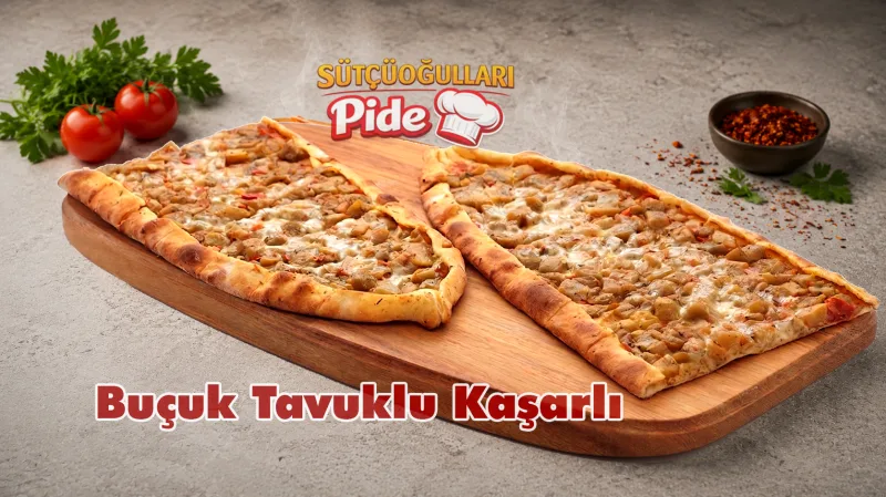 Buçuk tavuklu kaşarlı pide, bol malzemeli