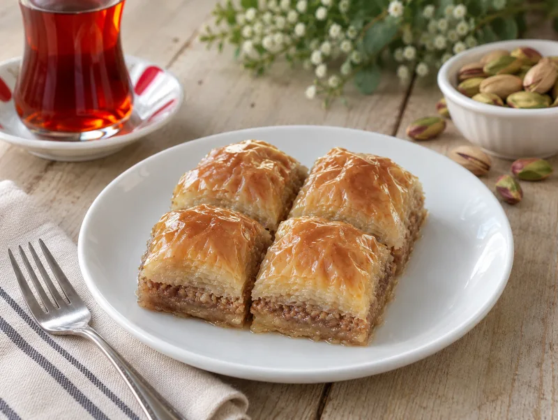 Baklava porsiyon, fıstıklı katmanlı şerbetli baklava